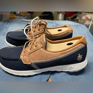 Skechers Go Walk Boat/Deck Style Shoes Memory Foam Blue w/tan Womens size 10